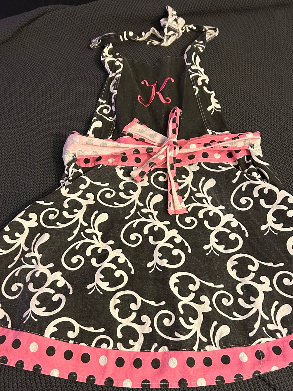 Black & White Swirl Apron with Pink Polka Dot Accents